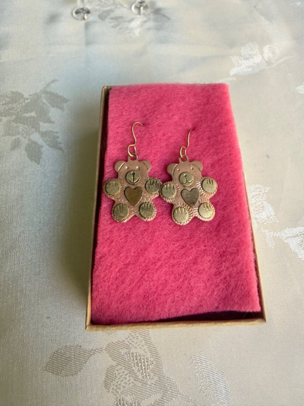 Teddy Bear 10K Marked C.CO Rose Gold Dangle Earrings w/ Heart Detailing